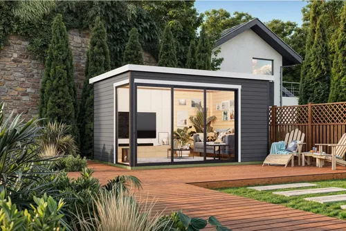 Gartenhaus Outdoor Life Austin 6 mit Fußboden 439,6 x 319,6 cm - Modernes Blockbohlenhaus mit 10,23 m² für Homeoffice oder Hobby. Große Glasflächen sorgen für Licht und eine angenehme Atmosphäre. Stabile 18 mm Fußbodenbretter bieten Komfort und Langlebigkeit.