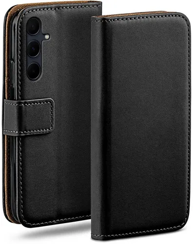 moex Handyhülle für Samsung Galaxy A35 5G Hülle Klappbar Book Case Schwarz 6,6 Zoll, Klapphülle Kartenfach Flip Cover Handytasche Leder Optik Schutzhülle