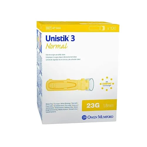 Unistik 3 Normal Blood Lancelets Größe 23G Kompatibel mit Stechgeräten einschließlich Beurer/Medisana/Accu Check/SD Packung mit 100 Stück
