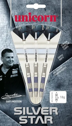 Unicorn Silver Star Gary Anderson Steel Dart 25g - Steel-Dartpfeile aus 80% Tungsten mit dem gravierten Logo des Weltmeisters Gary Anderson. Ideal für präzise Würfe und optimale Kontrolle, geliefert mit hochwertigen Unicorn Gripper 3 Schäften.