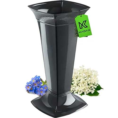 KADAX Grabvase mit Sockel, Friedhofsvase aus Kunststoff, Blumenvase für Grabstein, Grabdekoration, Grabschmuck, Grabsteckvase, Standvase für das Grab (Graphit/Hoch)