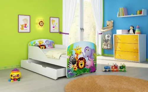 Kinderbett Jugendbett Komplett mit einer Schublade und Matratze Lattenrost Weiß ACMA I (140x70 cm + Bettkasten, 01 Zoo)