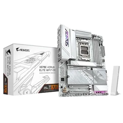 X870E AORUS ELITE WIFI7 ICE Mainboard - ATX Mainboard mit AM5 Sockel und AMD X870E Chipsatz, ausgestattet mit 3x PCIe x16 für optimale Gaming-Leistung und CrossFireX Unterstützung.