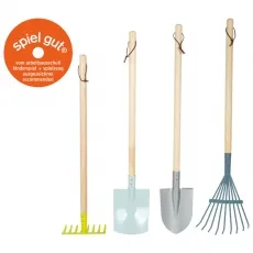 small foot Gartenwerkzeug-Set aus Holz und Metall - Gartenspielzeug für Kinder ab 3 Jahren, robustes Set aus Spaten, Schaufel, Rechen und Harke, ideal für Garten, Sandkasten und Strand, kindgerechte Länge und praktische Aufhängeschlaufen.