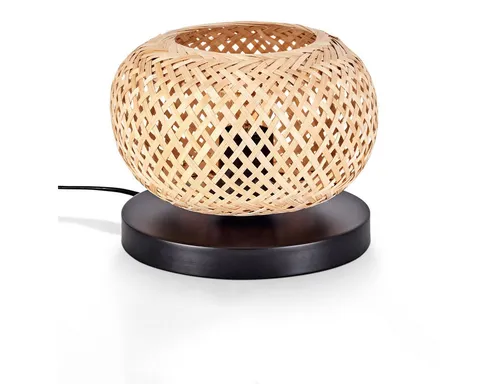 Hofstein moderne Boho Tischleuchte aus Metall/Bambus in Schwarz/Natur - Elegante Tischlampe für Innenräume, ideal für Wohn- und Schlafzimmer. Mit ihrem stilvollen Gitterschirm sorgt sie für eine gemütliche Atmosphäre – ganz ohne Leuchtmittel.