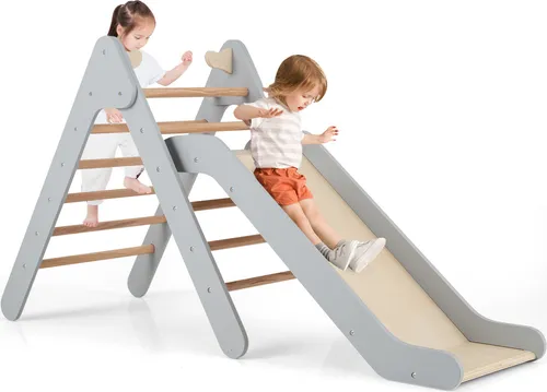 COSTWAY Kletterdreieck mit Rutsche, Sprossendreieck zum Rutschen und Klettern, für Kinder ab 1 Jahre (Grau)