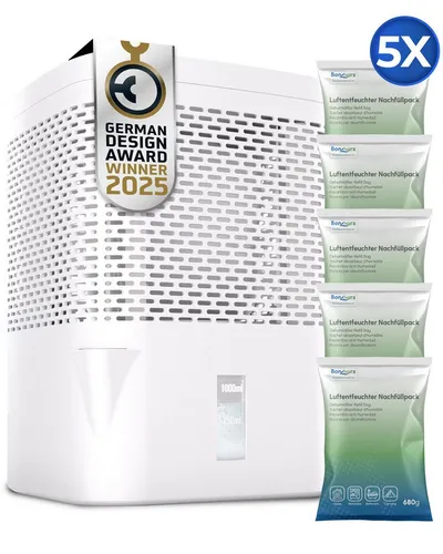 BonAura Luftentfeuchter ohne Strom, für 55 m³ Räume, 5x 680g Granulat, Schutz gegen Schimmel und muffige Gerüche