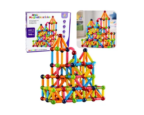 Set mit 166 bunten Magnetischen Konstruktionsstäben - KREATIVES BAUSET MIT 166 TEILEN - Kinder können ihre Fantasie ausleben und dreidimensionale Strukturen bauen. Die starken Magneten sorgen für stabilen Halt und fördern spielerisch Kreativität und Feinmotorik.