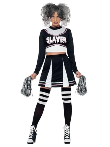 Smiffys Fever Gothic Cheerleader-Kostüm - Kostüm-Outfits für Erwachsene, schwarz mit bauchfreiem Hemd, Rock & Pompons, geprüft nach EU-Sicherheitsstandards für unbesorgtes Feiern.