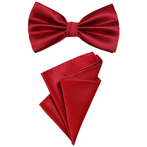 DonDon 2er Set Herren Fliege und Einstecktuch farblich passend gebunden und größenverstellbar dunkelrot