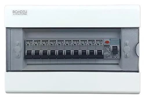 RoadEu Leitungsschutzschalter 40A 2P - Komplett Fi Schutzschalter - Verteilerkasten mit vorverdrahtetem 40A Fi und 10 Sicherungsautomaten, ideal für sichere Stromverteilung in Innenräumen, einfache Installation und TÜV-zertifizierte Qualität.