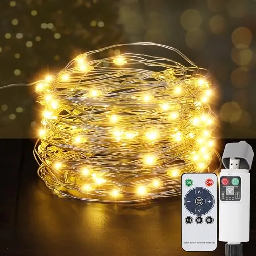 UODIR Lichterkette Batterie, 10M 100LED USB Aufladbare Lichterkette Außen Batterie Timer mit Fernbedienung, 8 Modi IP65 Wasserdicht Lichterkette Outdoor für Balkon Weihnachten Garten Camping