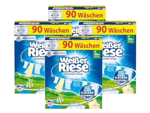 Weißer Riese Universal Pulver 360 Waschladungen (4x 90 WL), Vollwaschmittel wirkt riesig stark gegen Flecken, Kalt-Aktiv schon ab 20° C, ergiebiges Waschpulver, ideal für Familien mit Kindern