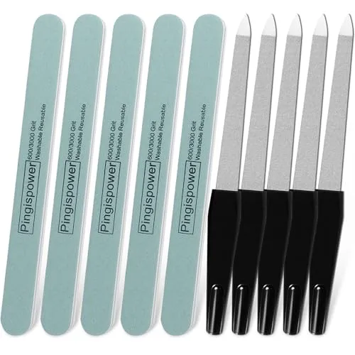 Pingispower Nagelfeilen und -polierer (10 Pack), Professionelle Metallnagelfeile & Polierer für Naturnägel,600/3000 Körnung doppelseitige wiederverwendbares Maniküre-Set für Frauen Zuhause Salon Reise