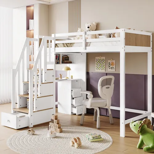 Etagenbett, Kinderbett, Mit farblich abgesetztem Fallschutzgitter, Schreibtisch mit 3 Schubladen, 4-Stufen-Leiterschrank, Offenes Regal, Kiefer+MDF, Weiß+Natur, 90x200cm