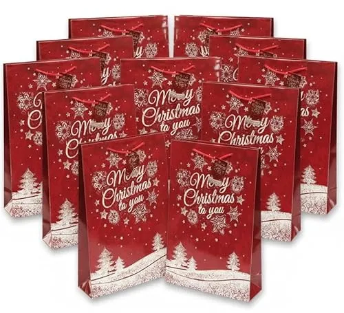 Bambelaa! 12 Stück Merry Christmas Geschenktüten Weihnachten Geschenktaschen Groß Papiertüten Weihnachtstüten 157 g Papier Rot Glänzend (Ca. 25x8,5x34 cm)