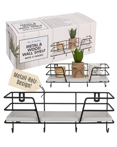 Out of the blue Metall-Holz-Wandregal mit 4 Haken - Industrial-Chic Design - Kompakte Maße 25x10 cm - Vielseitig für Schlüssel, Accessoires, Deko - Perfekt für jedes Zuhause