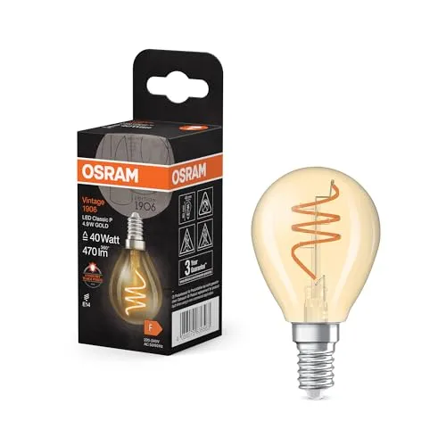 OSRAM Vintage 1906 Classic ist eine warmweiße LED-Lampe mit spiralförmigem Filament in klassischer Miniballform. Sie bietet 4.9 W, 470 lm, E14 Fassung, goldfarbenes Glas, 45 mm Durchmesser, 2200 K.