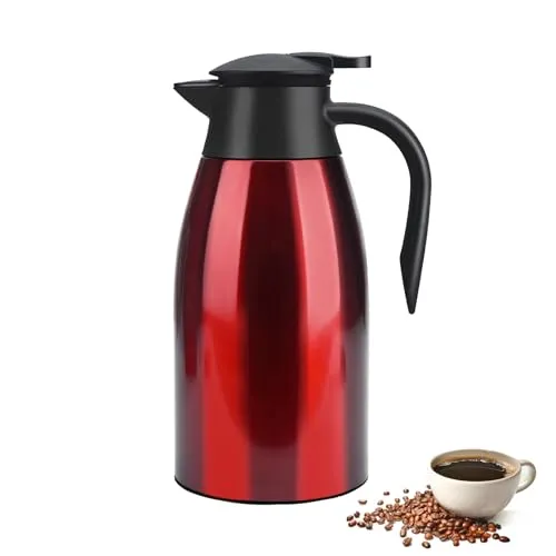 Isolierkanne 2 Liter, Edelstahl Thermoskanne, große Öffnung, Thermoskanne hält 12 Stunden heiß, ideal als Kaffeekanne oder Teekanne, Kanne für 12 Tassen (Rot)