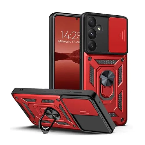 LBH Armor Hülle für Samsung Galaxy A55 5G Case mit Kameraschutz Outdoor Stoßfest Handyhülle 360 Grad Metal Ring Halter Ständer Schutzhülle für Handyhalterung Auto Magnet Rot