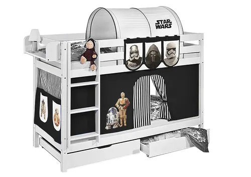 Lilokids Etagenbett JELLE Star Wars - Hochbett mit Vorhang und 2 Lattenrosten - Das Etagenbett JELLE von LILOKIDS bietet zwei komfortable Schlafplätze auf kleinem Raum und verwandelt jedes Kinderzimmer in ein Abenteuerland. Mit stabiler Bauweise und sicherem Design ist es ideal für Geschwister und Übernachtungsgäste.