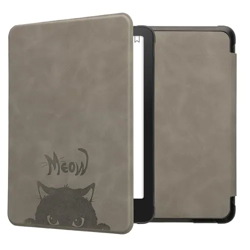 kwmobile Schutzhülle für Amazon Kindle Paperwhite (2024)/Colorsoft Hülle - eReader Case aus Kunstleder mit Auto Sleep Funktion - Katze Meow mit Grau Schwarz