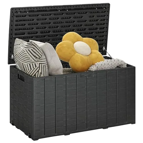 Outsunny Gartenbox 366L – Wasserdichte Kissenbox mit Rollen - Praktische Gartenbox aus doppelwandigem Kunststoff mit 366L Stauraum. Ideal für die Aufbewahrung von Kissen und Gartenzubehör. Robuste, wetterbeständige Bauweise in Holzoptik. Mit hydraulischem Deckel und Rollen für einfachen Transport.