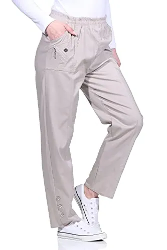 Sommerhosen Damen - Stretch Hose mit Gummizug - Schlupfhose - luftig leichte Stoffhose - Freizeithose - Größe 38 bis 54 (50-52, Natur)
