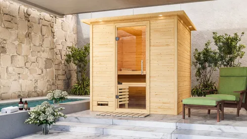 Karibu Sauna Menja - Massivholzsauna mit 9-kW-Ofen - Innensauna aus 40 mm starkem Fichtenholz, einfach zu montieren mit externer Steuerung und großzügigem Innenraum für entspannende Saunaerlebnisse.