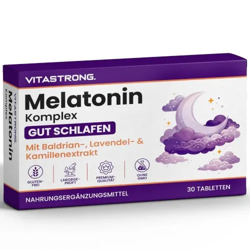 Melatonin Vitastrong Komplex, 30 Mikro-Tabletten, Hochdosiert mit Kamille, Baldrian, Lavendel und Vitamin B6, Melatonin Tabletten für Schlafqualität und Jetlag, Zucker- Gluten- und GVO-Frei