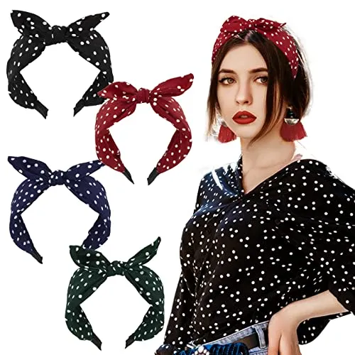 BETESSIN 4Stk. Haarreifen Breit Stirnband Damen Punkte Schleife Haarband Rockabilly Kopfband Vintage Haarschmuck für Mädchen Frauen Rot Schwarz Blau Dunkelgrün