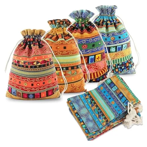 DHSWNNG Jutesäckchen Klein, 20 Stück Ethno-Stil Jute Beutel 10 x 15cm Baumwolle Säckchen mit Kordelzug Geschenksäckchen Schmuckbeutel für Schmuck Lavendel Hochzeit