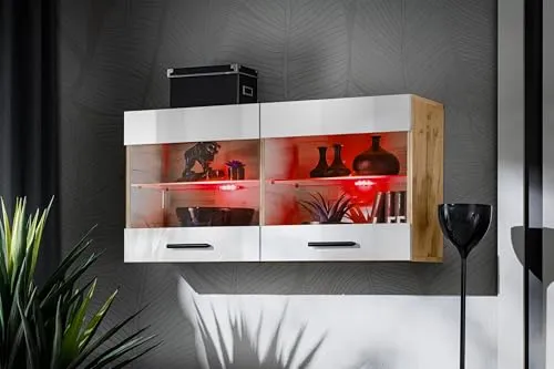 Komodee, Vitrine Schrank Savona, Weiß/Wotan, Breite 100cm x Höhe 50cm x Tiefe 30cm, LED RGB, 2 Glasböden, 2 Türen, für Wohnzimmer, Küche