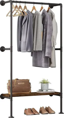 Woltu Kleiderstange - Industrial Schwarz für Wandmontage - Kleiderwagen aus robustem Metall und MDF, ideal für stilvolle Aufbewahrung mit Vintage-Holzmaserung, inklusive Montagematerial für einfachen Aufbau.