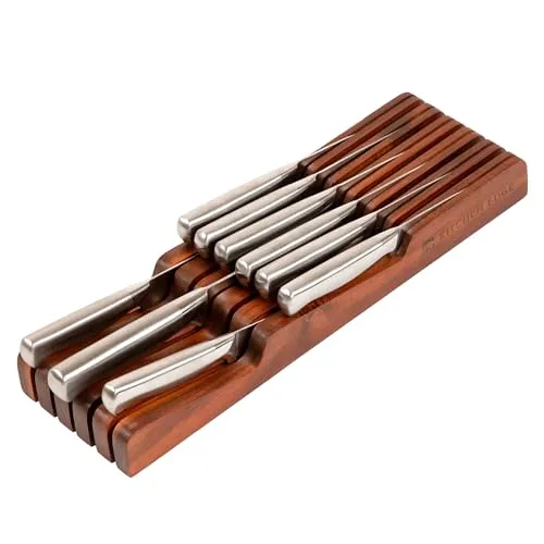 KitchenEdge Messerblock-Organizer aus Akazienholz – für 5 lange + 6 kurze Messer (nicht enthalten), Gummifüße, hochwertige lebensmittelechte Beschichtung, Schubladendesign