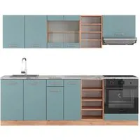 Vicco Küchenzeile R-Line, Blau-Grau/Goldkraft Eiche, 240 cm - Küchenzeile mit höhenverstellbaren Füßen für ergonomisches Arbeiten. Flexibel anpassbar durch verschiedene Konfigurationen, ideal für jeden Kochliebhaber.