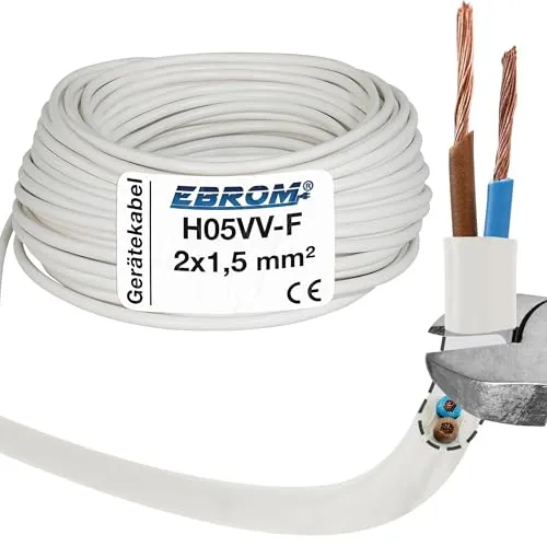 EBROM Kunststoff Schlauchleitung RUND, Kabel, Stromkabel, Leitung, Gerätekabel H05VV-F 2x1,5 mm² Farbe: weiß - Viele Längen in 5 Meter Schritten bis 200 Meter 2x1,5 mm2, Ihre Kabellänge: 20 Meter