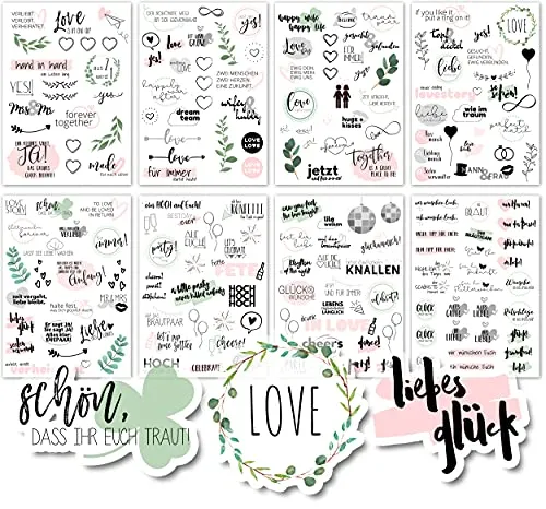 Sticker Hochzeit Gästebuch (4 Bögen) - Vintage Hochzeit Aufkleber für Gästebuch oder Fotoalbum mit viel Liebe - Love Stickers für Scrapbook oder Bullet Journal - Wedding Deko mit Herz - Rosagrün