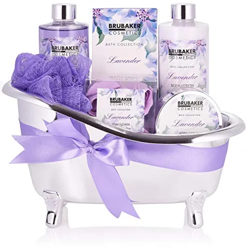 BRUBAKER Hautreinigungs-Set Wellness Geschenkset für Frauen - Hautpflegesets für Damen, 7-teiliges Set mit Lavendel-Duft in dekorativer Badewanne für ein luxuriöses Wellness-Erlebnis zu Hause.