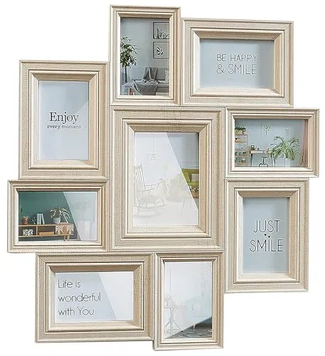 Kobolo Bilderrahmen Bilderhalter Collage BEIGE für 9 Bilder aus Holz in beige 10x15cm und 13x18cm