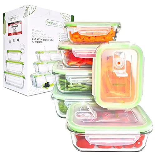 Fresh Master 12 Stück Vorratsbehälter aus Glas - 100% auslaufsicher und luftdicht, ideal für frische Lebensmittel und platzsparend stapelbar