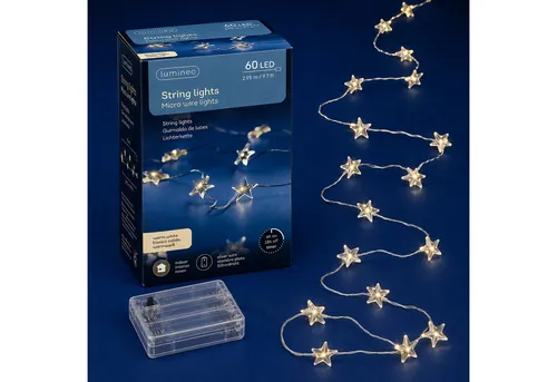 Lumineo LED-Lichterkette, LED Draht Lichterkette 2,95m mit Sternen 60 Micro-LEDs Warmweiß Silber