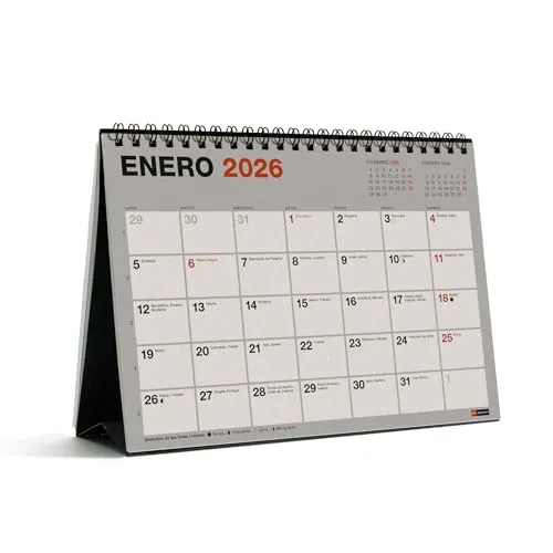 Miquelrius Tischkalender 2026, 100% recyceltes Papier, A5 Monatsplaner, 210 x 148,5 mm, mit Doppelspirale und Notizfach, Schreibtischplaner, Spanisch
