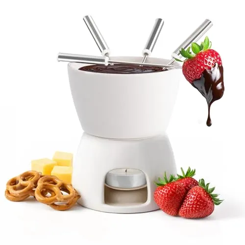 joeji's Kitchen Schoko Fondueset Keramik mini Schokofondue Käsefondue Fondue Set Topf Kerze & Gabel für Fondue mit Teelicht