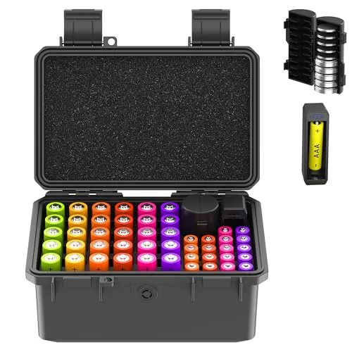 KIWIFOTOS AAA AA Batterie Organizer Aufbewahrungskoffer Batteriehalter mit Batterieprüfer IP67 Wasserabweisender Hartschalen Batterien Organizer hält 30 AA & 18 AAA Batterien & 10 Knopfzellenbatterien