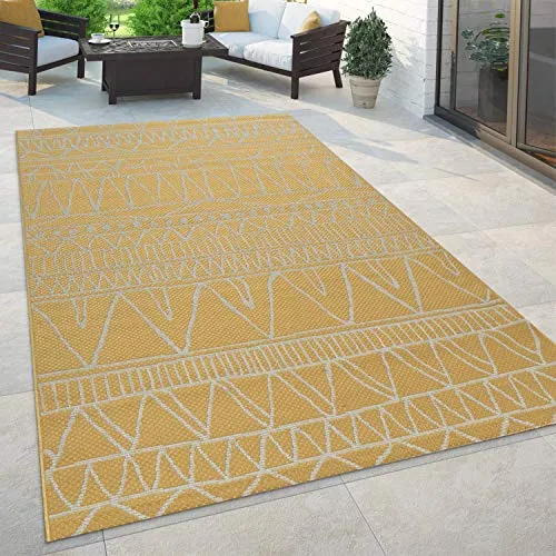Paco Home In- & Outdoor Teppich Flachgewebe mit Palmen- & Boho-Muster in Sisaloptik Modern langlebig, robust & wetterfest Ideal für Terrasse, Garten & Balkon, Grösse:60x100 cm, Farbe:Gelb