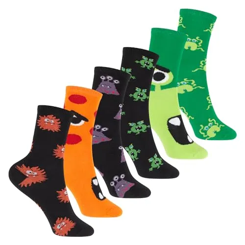 Bunte Baumwoll Basic Socken (6 Paar) mit lustigen Motiven für Mädchen & Jungen - Monster 35-38