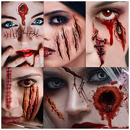 HUHUDAY Temporäre Halloween Tattoos, Narben, 150 Stück Wasserdicht, Zombie Scars Aufkleber Mit Gefälschten Scab Blut Spezial Fx Kostüm Makeup Stützen