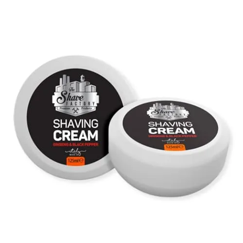 THE SHAVE FACTORY Rasiercreme-Seife – Ginseng & Schwarzer Pfeffer 125ml – Reichhaltiger Schaum, Glatte und Angenehme Rasur – Feuchtigkeitsspendende Formel mit Luxuriösem Duft