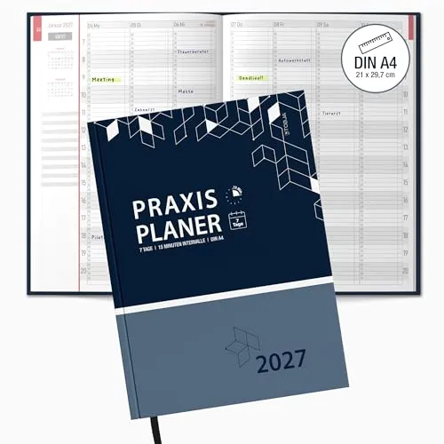 TOBJA® Praxisplaner 2027 A4 Navy Hardcover – Terminplaner Arztpraxis mit 15-Min-Takt 7-21 Uhr, Layflat, Mitarbeiter-Urlaubsplanung, FSC – für Zahnarzt, Tierarzt, Physiotherapie & Heilpraktiker
